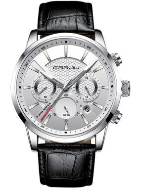 Mens White Black Leather Strap Casual Chronograph Quartz Waterproof Wrist Watch